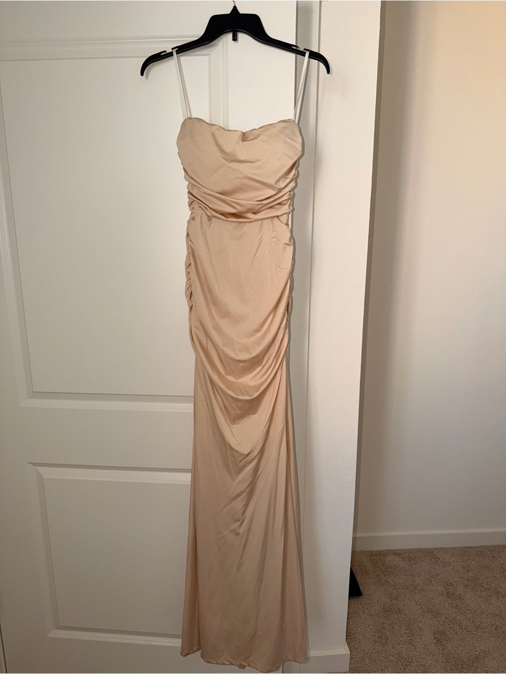 Beige Ruched Spaghetti-Strap Evening Dress